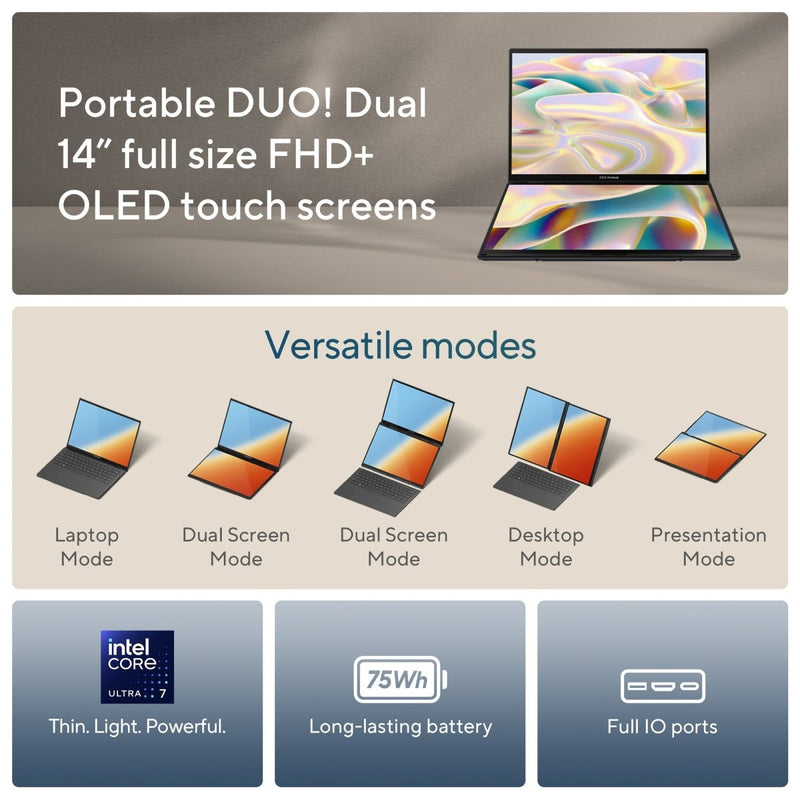 ASUS ZENBOOK DUO OLED 2024 UX8406MA - QL761WS LAPTOP (INTEL CORE ULTRA 7 155H/ 32GB/ 1TB SSD/ WIN11) - SWIFT PERIPHERALS1089727