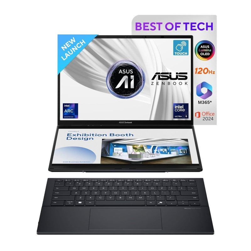 ASUS ZENBOOK DUO,14 INCH 3K (2880 X 1800) OLED, TOUCH SCREEN,INTEL CORE ULTRA 9,(32GB RAM/1 TB/INTEL ARC IGPU/WINDOWS 11/MS OFFICE 365 BASIC(1YEAR)*/OFFICE HOME 2024/INKWELL GRAY/1.65 KG),UX8406CA - PZ106WS - SWIFT PERIPHERALSUX8406CA-PZ106WS