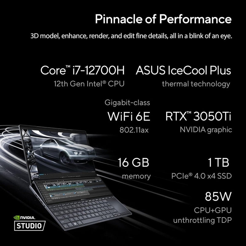ASUS ZENBOOK PRO 14 DUO OLED (2022) DUAL SCREEN, 14.5" (36.83 CM) 2.8K OLED 120HZ TOUCH, CREATOR/GAMING LAPTOP, INTEL EVO CORE I7 12TH GEN, (16GB/1TB/4GB RTX 3050 TI/BLACK/1.75 KG), UX8402ZE - M711WS - SWIFT PERIPHERALS90NB0X82-M00610