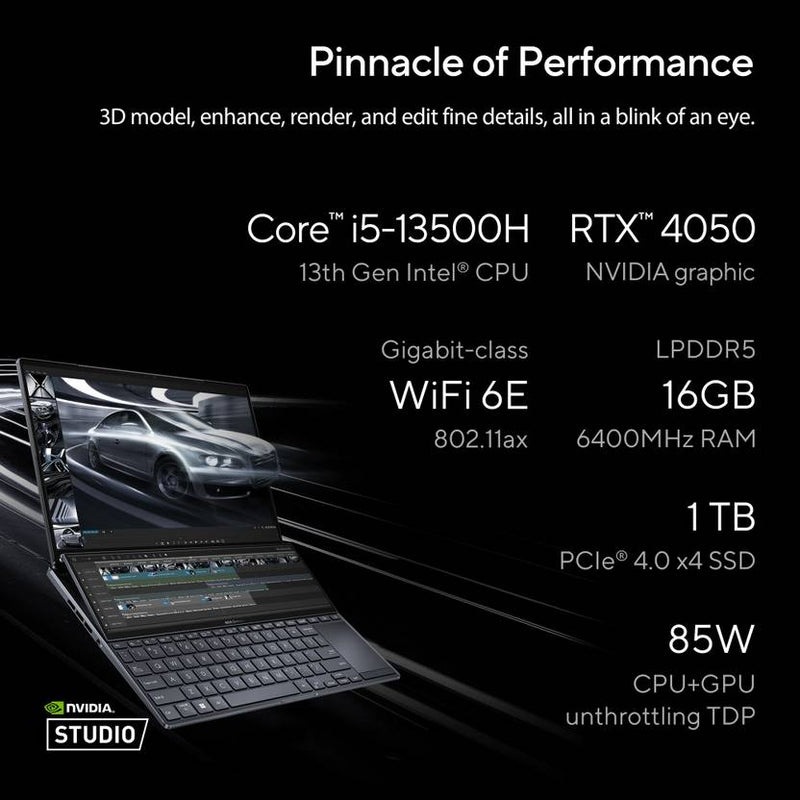 ASUS ZENBOOK PRO 14 DUO OLED FOR CREATOR, INTEL H - SERIES INTEL CORE I5 13TH GEN 13500H - (16 GB/1 TB SSD/WINDOWS 11 HOME/6 GB GRAPHICS/NVIDIA GEFORCE RTX 4050/120 HZ/65 TGP) UX8402VU - MZ551WS GAMING LAPTOP (14.5 INCH, TECH BLACK, 1.75 KG, WITH MS OFFICE) - SWIFT PERIPHERALS90NB10X2-M003X0