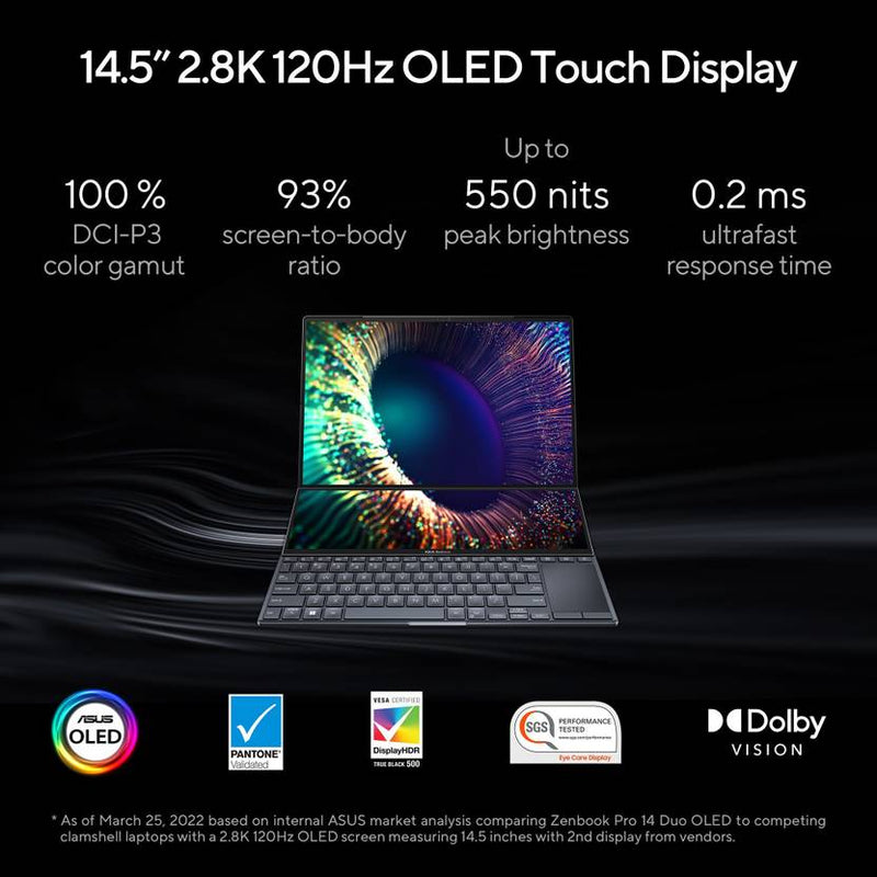 ASUS ZENBOOK PRO 14 DUO OLED WITH DUAL SCREEN TOUCH PANEL INTEL CORE I7 12TH GEN 12700H - (16 GB/1 TB SSD/WINDOWS 11 HOME/INTEL INTEGRATED IRIS XE) UX8402ZA - LM711WS - SWIFT PERIPHERALS90NB0X72-M002P0