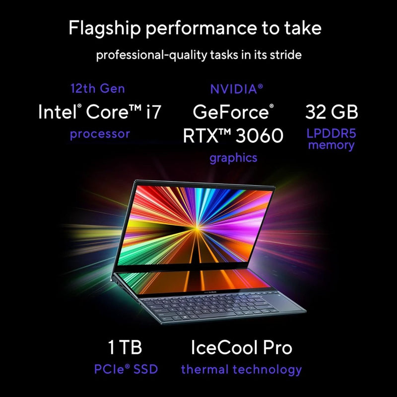 ASUS ZENBOOK PRO DUO 15 OLED (2022),15.6"(39.62 CMS) 4K OLED TOUCH,INTEL CORE I7 - 12700H 12TH GEN,DUAL SCREEN LAPTOP(32GB/1TB SSD/6GB GEFORCE RTX 3060/WINDOWS 11/OFFICE 2021/BLUE/2.3 KG),UX582ZM - H701WS - SWIFT PERIPHERALS90NB0VR1-M00180