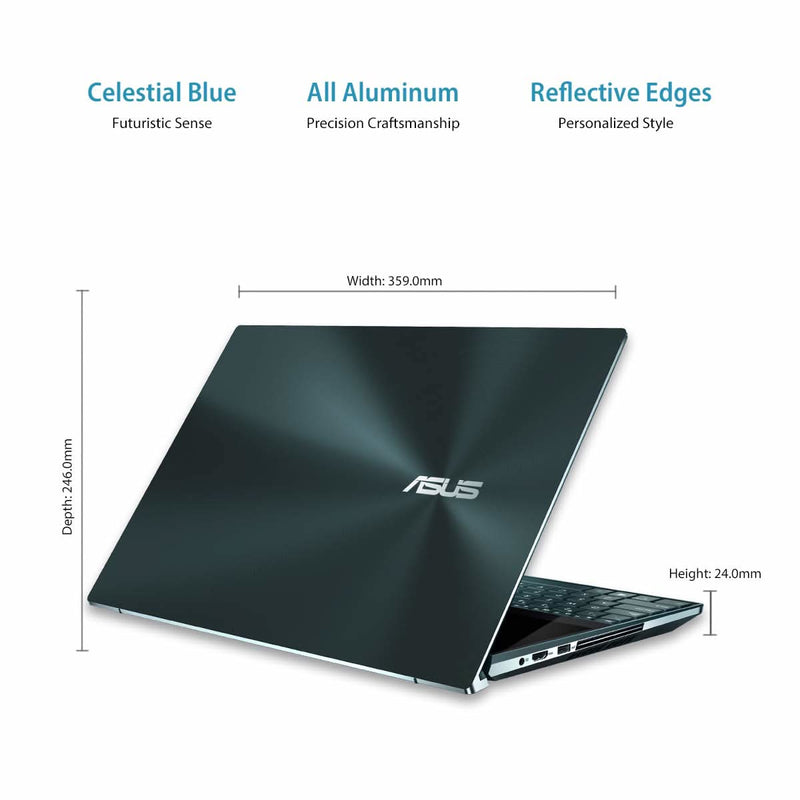 ASUS ZENBOOK PRO DUO, INTEL CORE I7 9TH GEN 15.6 INCH 4K UHD OLED TOUCH LAPTOP (32GB RAM/1TB NVME SSD/WINDOWS 10/6GB RTX 2060 GRAPHICS CARD/CELESTIAL BLUE/2.50 KG), UX581GV - HM7201T - SWIFT PERIPHERALS101620