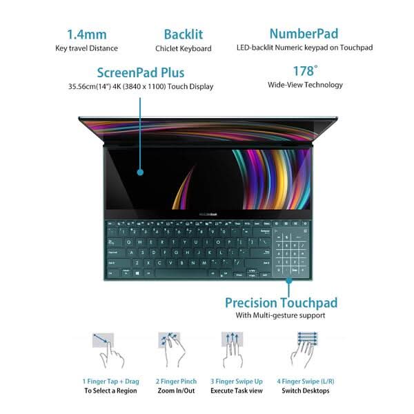 ASUS ZENBOOK PRO DUO, INTEL CORE I7 9TH GEN 15.6 INCH 4K UHD OLED TOUCH LAPTOP (32GB RAM/1TB NVME SSD/WINDOWS 10/6GB RTX 2060 GRAPHICS CARD/CELESTIAL BLUE/2.50 KG), UX581GV - HM7201T - SWIFT PERIPHERALS101620