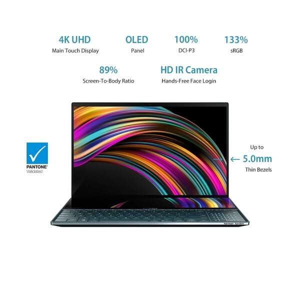 ASUS ZENBOOK PRO DUO, INTEL CORE I7 9TH GEN 15.6 INCH 4K UHD OLED TOUCH LAPTOP (32GB RAM/1TB NVME SSD/WINDOWS 10/6GB RTX 2060 GRAPHICS CARD/CELESTIAL BLUE/2.50 KG), UX581GV - HM7201T - SWIFT PERIPHERALS101620