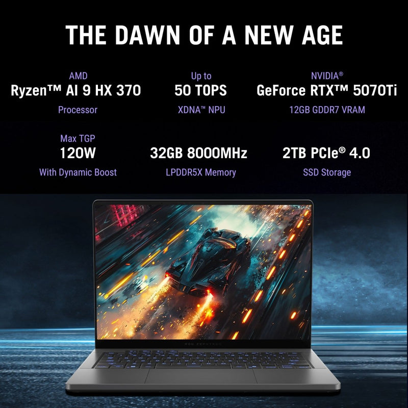 ASUS ZEPH G14, AI 9 HX 370 UP TO 50 TOPS /RTX5070TI 12GB/LPDDR5X 32GB/2TB PCIE 4.0 NVME M.2 SSD/14.0 OLED WQXGA+ GLARE CG,400NITS(HDR 500NITS),DCI - P3:100%(120HZ),NB(QS)/BACKLIT CHICLET KEYBOARD 1 - ZONE RGBWITH COPILOT KEY/73WHRS, 4S1P, 4 - CELL LI - ION/GRAY - SWIFT PERIPHERALS90NR0M53-M00680