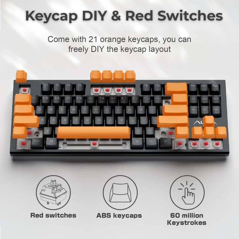 AULA F3032 WIRED RGB BACKLIGHT MECHANICAL GAMING KEYBOARD | 87 KEYS COMPACT, UNIQUE 11 SIDE LIGHT, 60 MILLION KEYSTROKE, DETACHABLE WIRED COMPUTER KEYBOARDS FOR WINDOWS PC | ORANGE + BLACK, RED SWITCH - SWIFT PERIPHERALSF3032OBRd