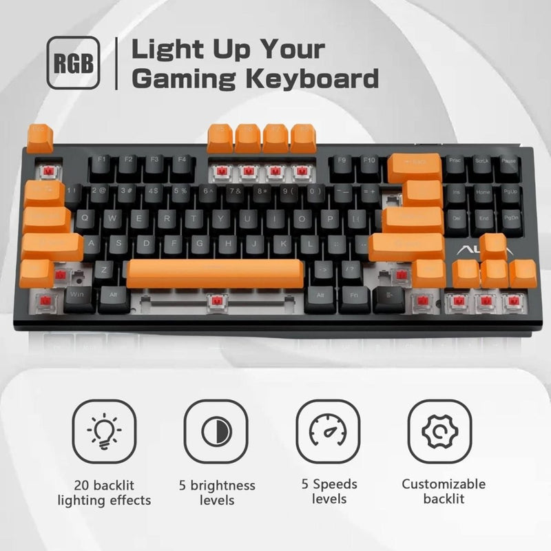 AULA F3032 WIRED RGB BACKLIGHT MECHANICAL GAMING KEYBOARD | 87 KEYS COMPACT, UNIQUE 11 SIDE LIGHT, 60 MILLION KEYSTROKE, DETACHABLE WIRED COMPUTER KEYBOARDS FOR WINDOWS PC | ORANGE + BLACK, RED SWITCH - SWIFT PERIPHERALSF3032OBRd