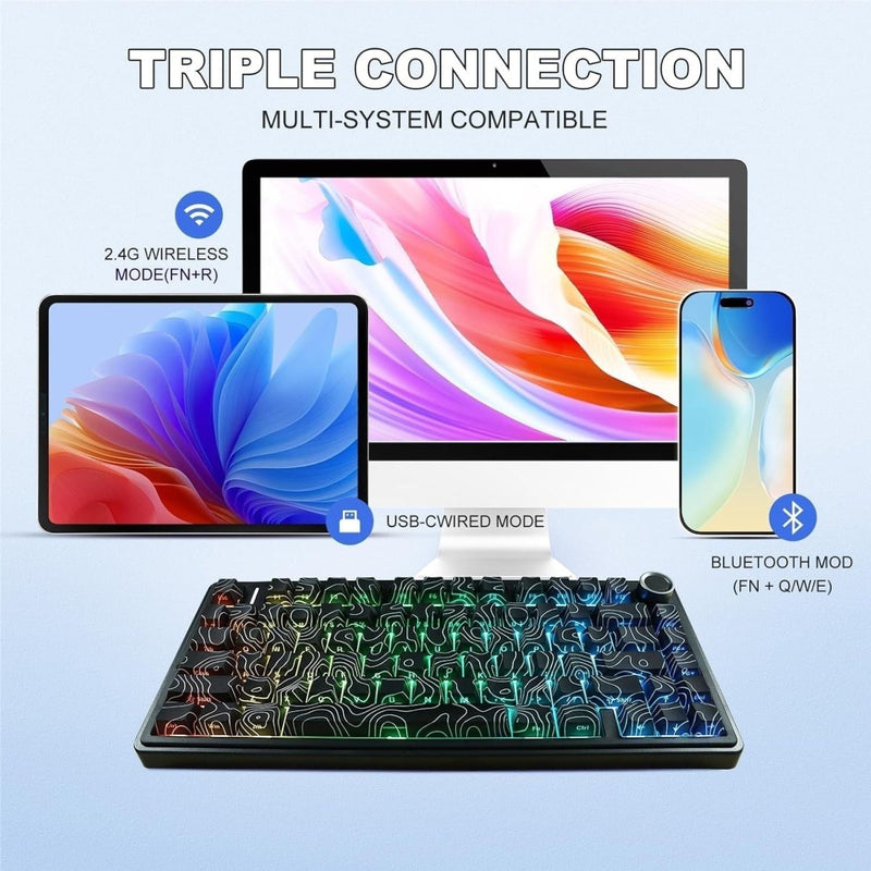 AULA F75 75% SIDE ENGRAVED TRI MODE TKL 80 KEYS WIRELESS MECHANICAL GAMING KEYBOARD WITH KNOB | 4000MAH BATTERY, SOUTH - FACING RGB BACKLIT PRE - LUBED HOT SWAPPABLE | BLACK CONTOUR - STAR VECTOR SWITCHES - SWIFT PERIPHERALSF75BCS