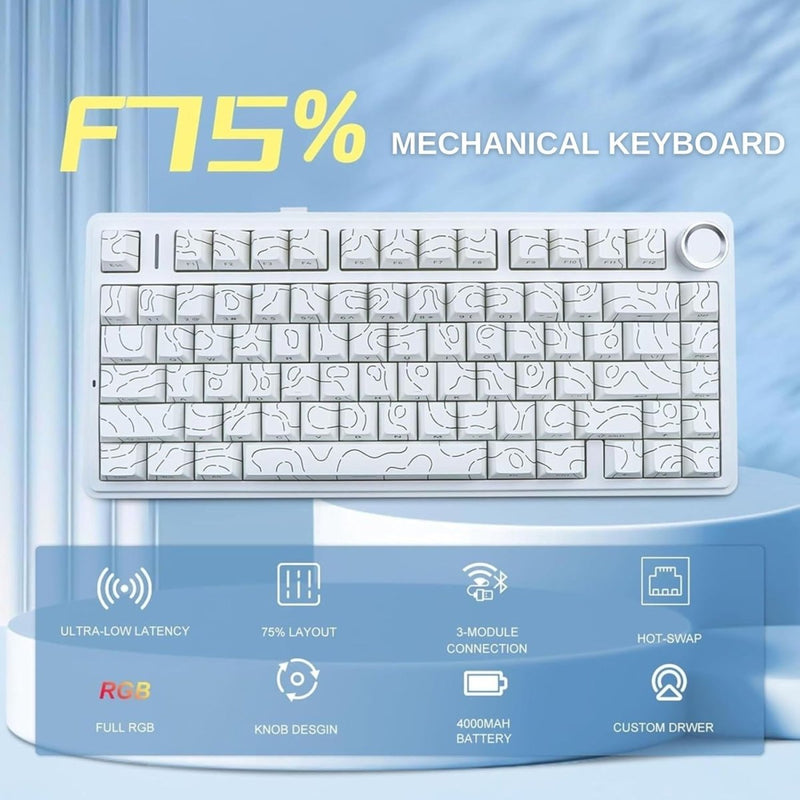 AULA F75 75% SIDE ENGRAVED TRI MODE TKL 80 KEYS WIRELESS MECHANICAL GAMING KEYBOARD WITH KNOB | 4000MAH BATTERY, SOUTH - FACING RGB BACKLIT PRE - LUBED HOT SWAPPABLE | WHITE CONTOUR - STAR VECTOR SWITCHES - SWIFT PERIPHERALSF75WCS