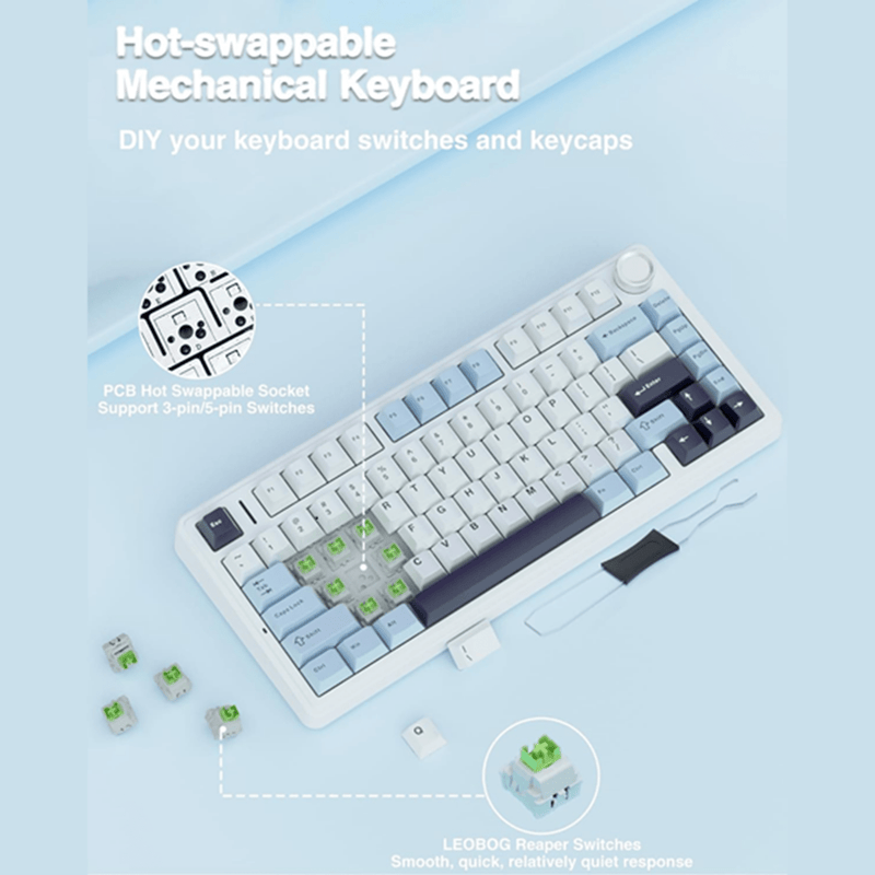 AULA F75 75% WIRELESS MECHANICAL KEYBOARD | HOT SWAPPABLE | PRE - LUBED LINEAR SWITCHES | RGB BACKLIT | 2.4GHZ/TYPE - C/BLUETOOTH GAMING KEYBOARD (ICE BLUE, REAPER SWITCH) - SWIFT PERIPHERALSF75IUR