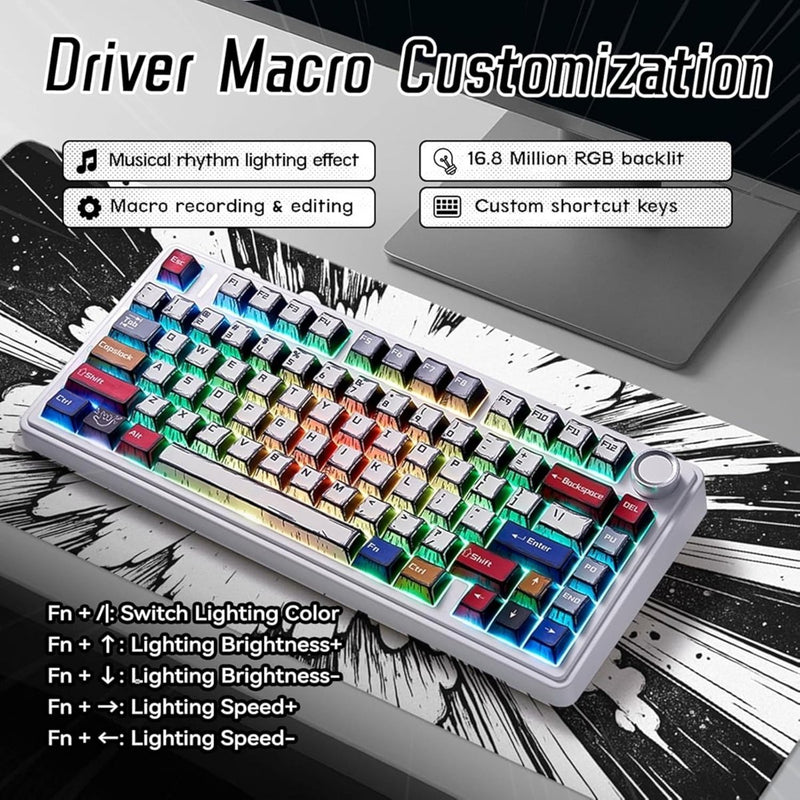AULA F75 75% WIRELESS RGB BACKLIT TRI - MODE GAMING MECHANICAL KEYBOARD WITH KNOB | 80 KEYS COMPACT KEYBOARD, PRE - LUBED GASKET HOT - SWAPPABLE | BLUETOOTH/2.4GHZ/TYPE - C | COMIC KEYCAP - REAPER SWITCHES - SWIFT PERIPHERALSF75CKR