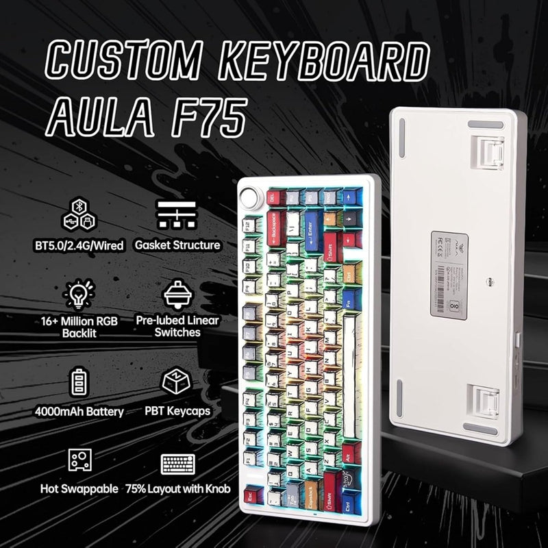 AULA F75 75% WIRELESS RGB BACKLIT TRI - MODE GAMING MECHANICAL KEYBOARD WITH KNOB | 80 KEYS COMPACT KEYBOARD, PRE - LUBED GASKET HOT - SWAPPABLE | BLUETOOTH/2.4GHZ/TYPE - C | COMIC KEYCAP - REAPER SWITCHES - SWIFT PERIPHERALSF75CKR
