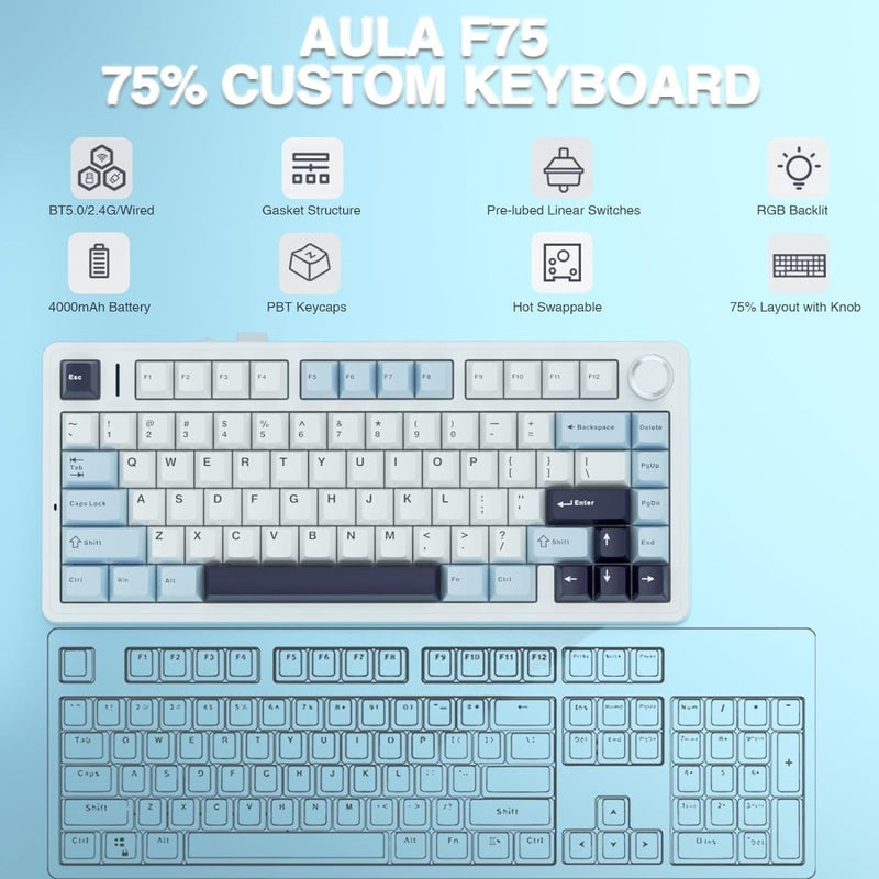 AULA F75 ICE BLUE ICE VEIN SWITCH MECHANICAL GAMING KEYBOARD - SWIFT PERIPHERALS1094018