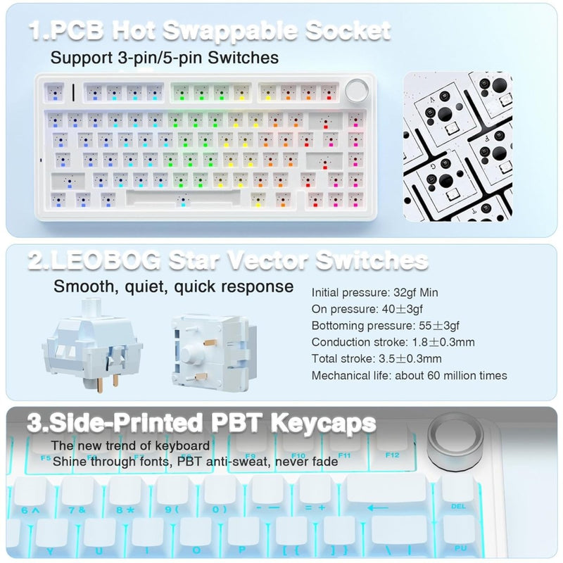 AULA F75 SIDE ENGRAVED MECHANICAL KEYBOARD WHITE + GRADIENT BLUE STAR VECTOR SWITCH - SWIFT PERIPHERALS1094002