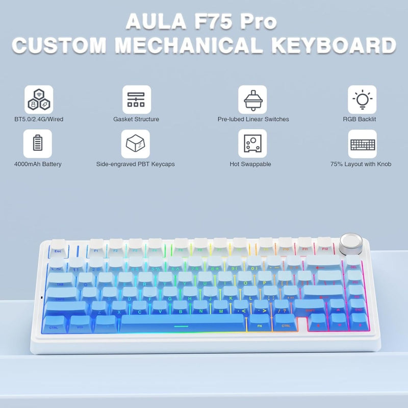 AULA F75 SIDE ENGRAVED MECHANICAL KEYBOARD WHITE + GRADIENT BLUE STAR VECTOR SWITCH - SWIFT PERIPHERALS1094002