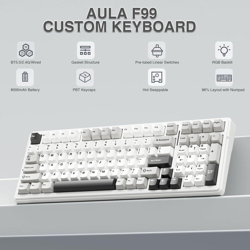 AULA F99 BLUE WHITE GRAYWOOD SWITCH MECHANICAL GAMING KEYBOARD - SWIFT PERIPHERALS1094005