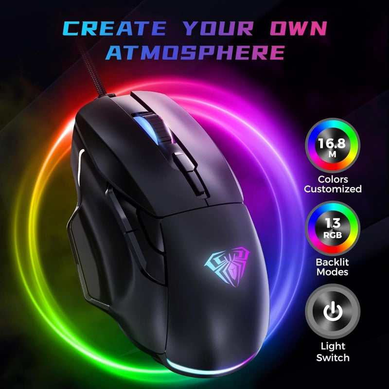 AULA GAMING MOUSE, 12800 DPI RGB WIRED GAMING MOUSE GAMER FOR LAPTOP PC MAC,AULA F815 - SWIFT PERIPHERALS1092428