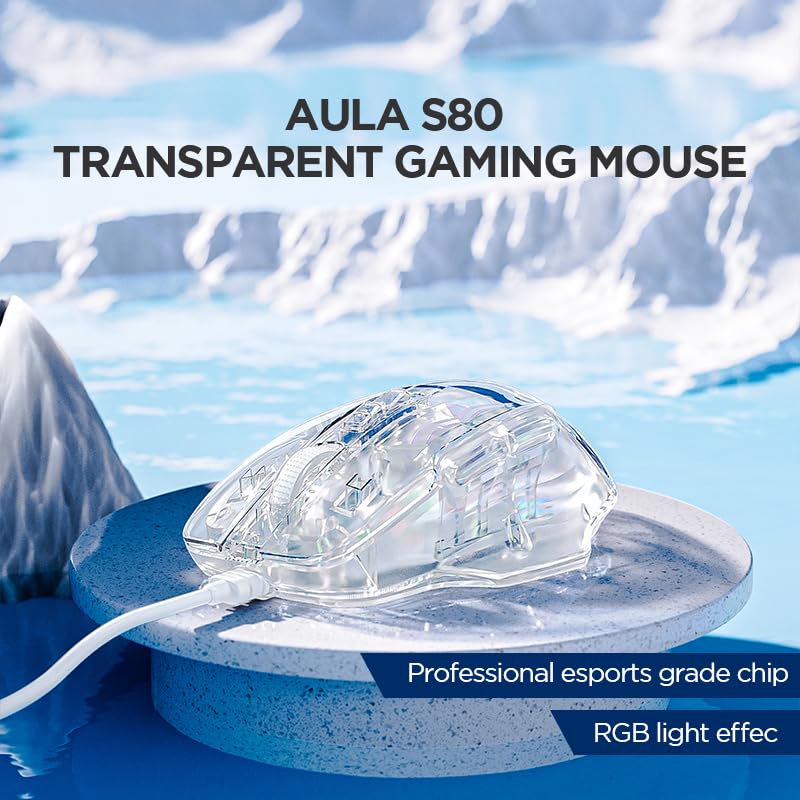 AULA S80 TRANSPARENT RGB, 7200 DPI, 7 BUTTONS PC WIRED OPTICAL GAMING MOUSE (USB 2.0, TRANSPARENT WHITE) - SWIFT PERIPHERALS1092477