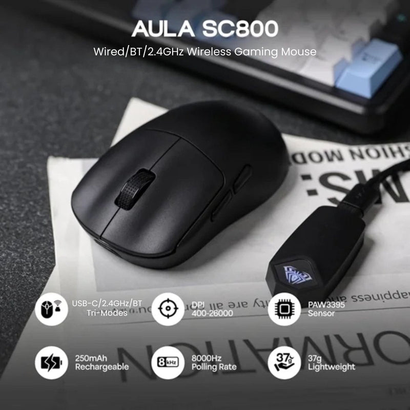 AULA SC800 TRI - MODE WIRELESS 2.4G/WIRED/BLUETOOTH ULTRA - LIGHTWEIGHT GAMING MOUSE | 37GRAMS, ADJUSTABLE 26000 DPI, PAW3395 SENSOR, 8000 POLLING RATE, ULTRA - PRECISE & DURABLE FOR GAMING | BLACK (SC800B) - SWIFT PERIPHERALSSC800B
