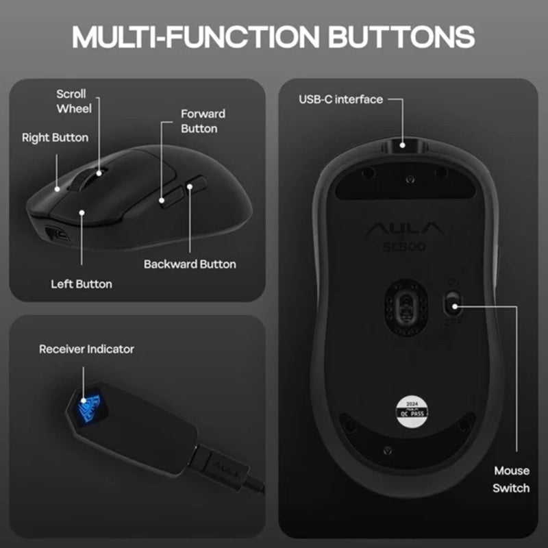 AULA SC800 TRI - MODE WIRELESS 2.4G/WIRED/BLUETOOTH ULTRA - LIGHTWEIGHT GAMING MOUSE | 37GRAMS, ADJUSTABLE 26000 DPI, PAW3395 SENSOR, 8000 POLLING RATE, ULTRA - PRECISE & DURABLE FOR GAMING | BLACK (SC800B) - SWIFT PERIPHERALSSC800B
