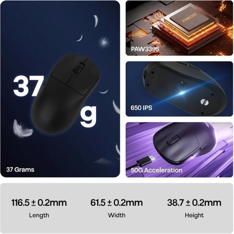 AULA SC800 TRI - MODE WIRELESS 2.4G/WIRED/BLUETOOTH ULTRA - LIGHTWEIGHT GAMING MOUSE | 37GRAMS, ADJUSTABLE 26000 DPI, PAW3395 SENSOR, 8000 POLLING RATE, ULTRA - PRECISE & DURABLE FOR GAMING | BLACK (SC800B) - SWIFT PERIPHERALSSC800B