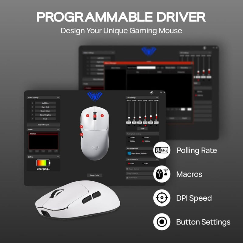 AULA SC800 TRI - MODE(2.4GHZ/BT/WIRED) ULTRA - LIGHTWEIGHT GAMING MOUSE | 37GRAMS, ADJUSTABLE 26000 DPI, PAW3395 SENSOR, 8000 POLLING RATE, ULTRA - PRECISE & DURABLE FOR GAMING & OFFICE USE | WHITE (SC800W) - SWIFT PERIPHERALSSC800W
