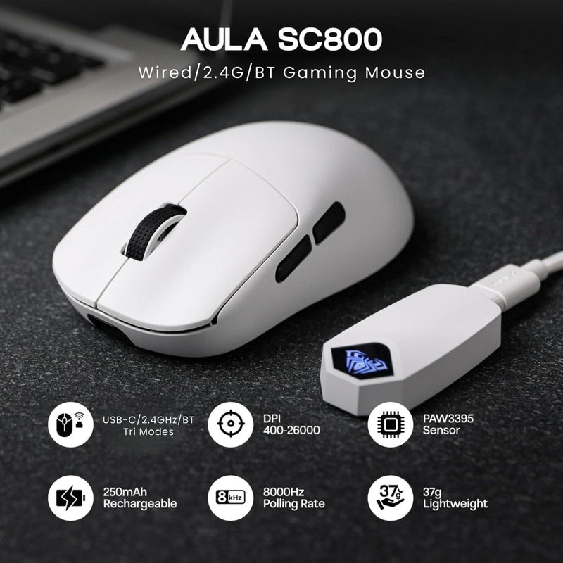 AULA SC800 TRI - MODE(2.4GHZ/BT/WIRED) ULTRA - LIGHTWEIGHT GAMING MOUSE | 37GRAMS, ADJUSTABLE 26000 DPI, PAW3395 SENSOR, 8000 POLLING RATE, ULTRA - PRECISE & DURABLE FOR GAMING & OFFICE USE | WHITE (SC800W) - SWIFT PERIPHERALSSC800W