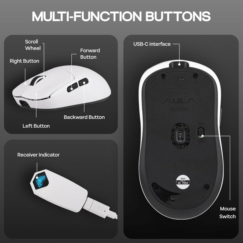 AULA SC800 TRI - MODE(2.4GHZ/BT/WIRED) ULTRA - LIGHTWEIGHT GAMING MOUSE | 37GRAMS, ADJUSTABLE 26000 DPI, PAW3395 SENSOR, 8000 POLLING RATE, ULTRA - PRECISE & DURABLE FOR GAMING & OFFICE USE | WHITE (SC800W) - SWIFT PERIPHERALSSC800W