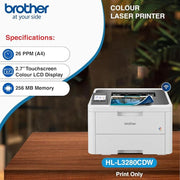 Brother HL - L3280CDW Colour Laser LED Duplex Printer with WiFi & Gigabit Ethernet (26 ppm) - SWIFT PERIPHERALSHL-L3280CDW