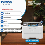 Brother HL - L3280CDW Colour Laser LED Duplex Printer with WiFi & Gigabit Ethernet (26 ppm) - SWIFT PERIPHERALSHL-L3280CDW