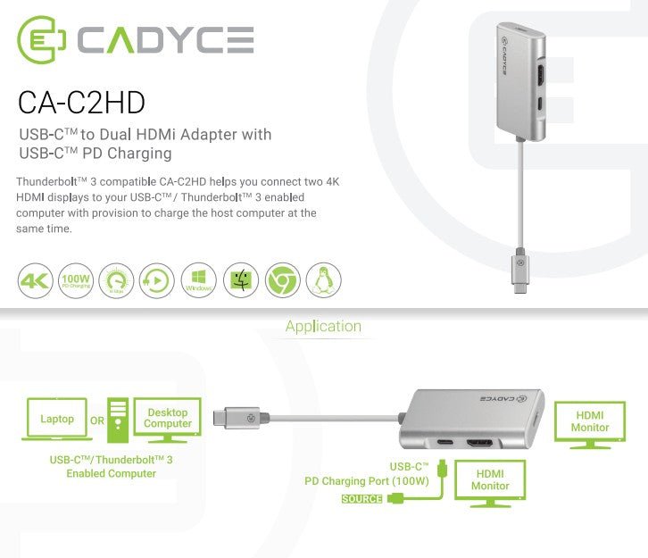 Cadyce CA - C2HD USB - C to Dual HDMI Adapter with USB - C PD Charging - SWIFT PERIPHERALSCA-C2HD