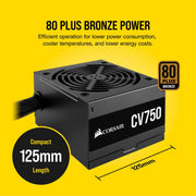 CORSAIR 750W CV750 80 PLUS BRONZE NON MODULAR SMPS - SWIFT PERIPHERALS104644