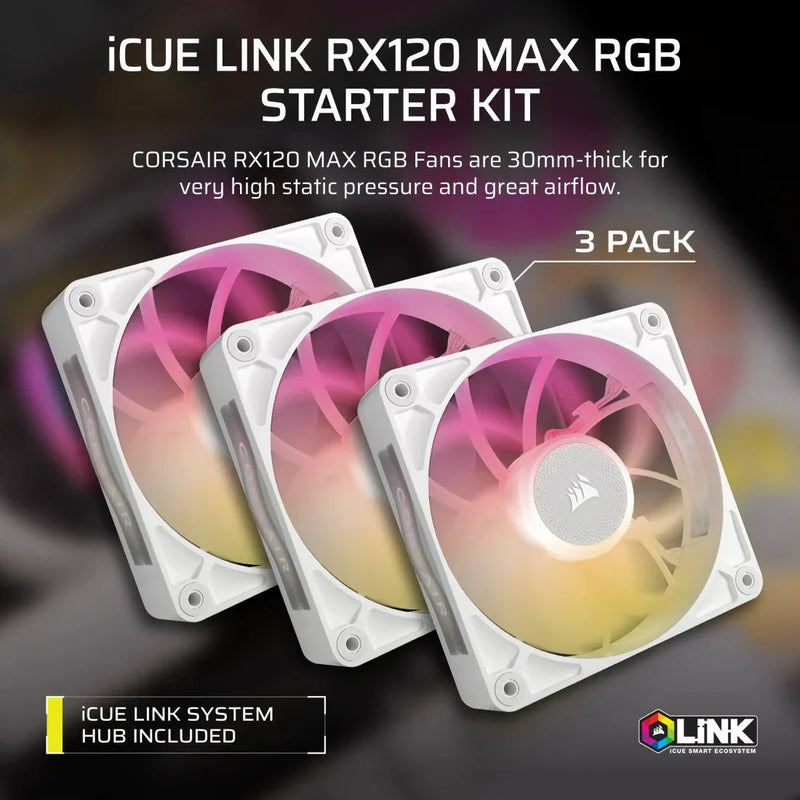 CORSAIR FAN RX RGB MAX SERIES, ICUE LINK RX120 RGB MAX WHITE, 120MM RGB FAN, TRIPLE FAN KIT - CO - 9051038 - WW - SWIFT PERIPHERALS1092049
