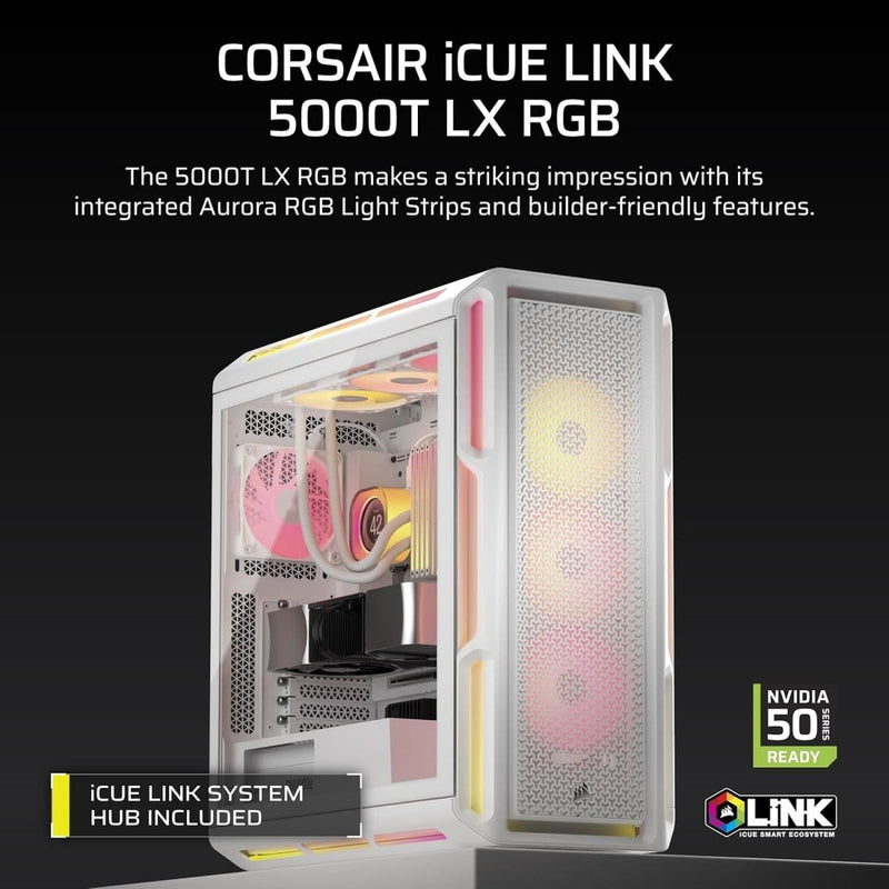CORSAIR ICUE LINK 5000T LX RGB MID - TOWER PC CASE, WHITE - SWIFT PERIPHERALS1092244