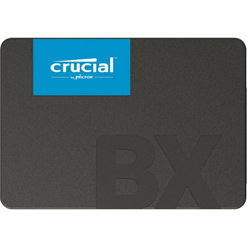 2.5 inch black SATA internal SSD with blue label and raised BX lettering