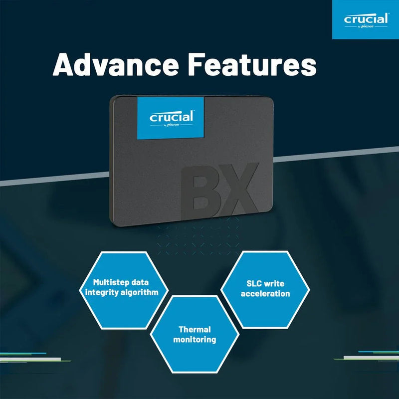 2.5-inch SATA 3D NAND internal SSD with BX label, highlighting data integrity, SLC write acceleration, and thermal monitoring features.