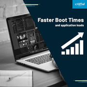 Laptop with software dashboard, graph icon, and text promoting faster boot times.