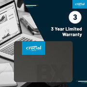 500GB 2.5-inch SATA SSD with 3D NAND, Crucial BX500, shown with 3-year limited warranty