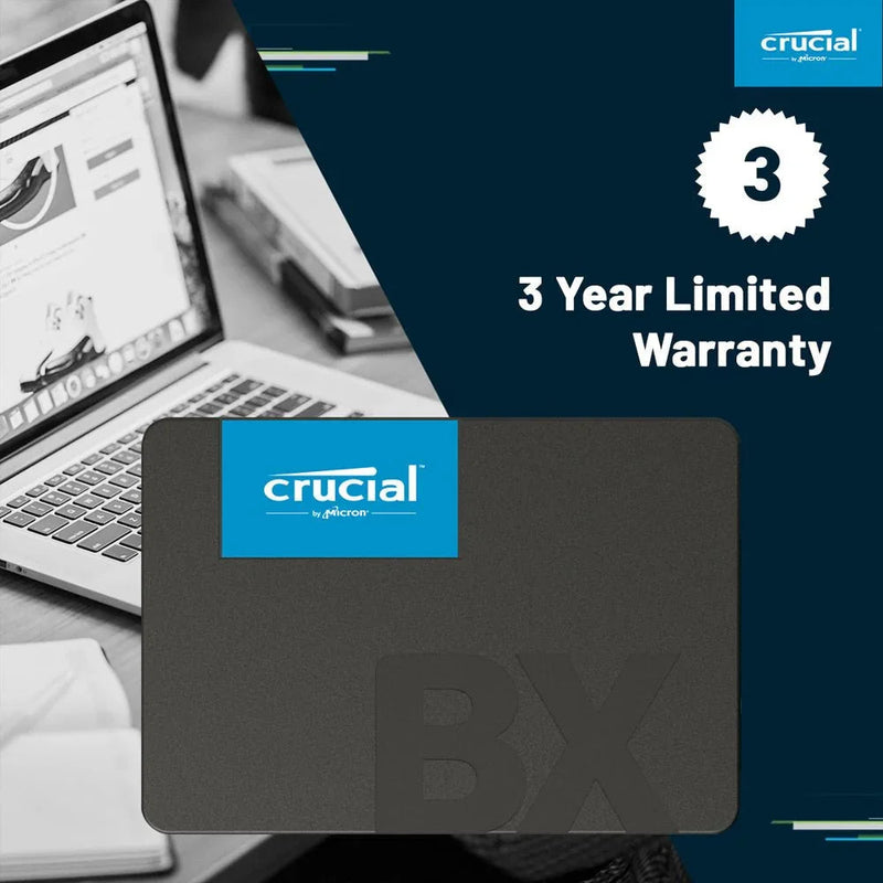 500GB 2.5-inch SATA SSD with 3D NAND, Crucial BX500, shown with 3-year limited warranty