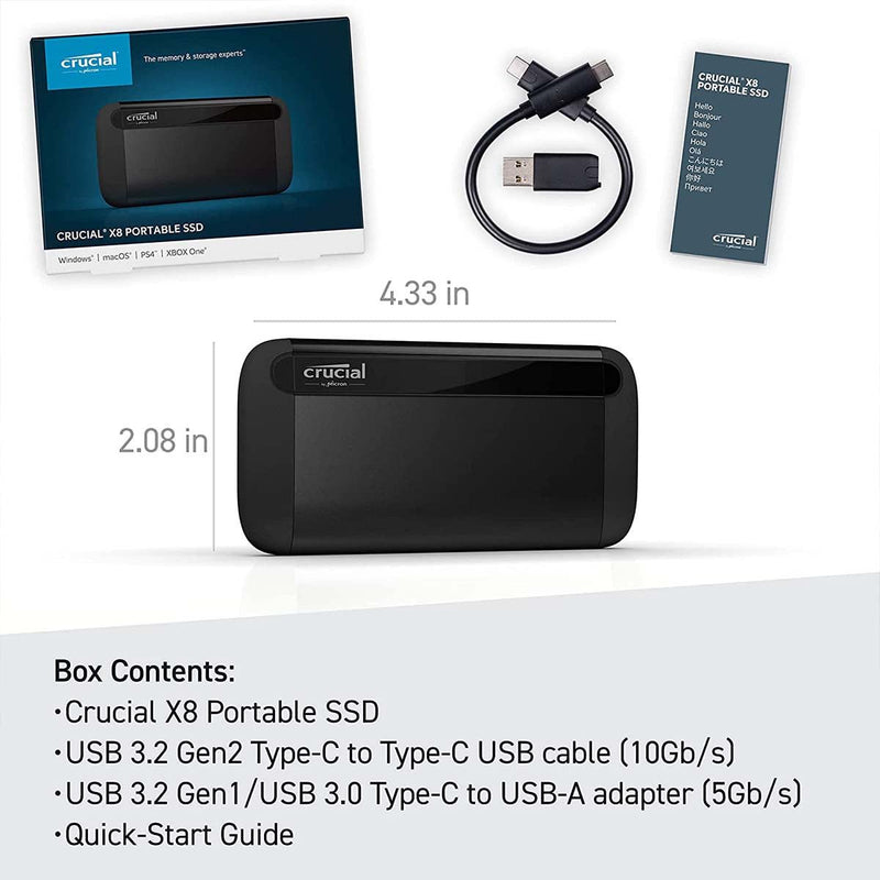 Crucial X8 1TB Portable SSD – Up to 1050MB/s – USB 3.2 – External Solid State Drive USB - C USB - A – CT1000X8SSD9 - SWIFT PERIPHERALSCT1000X8SSD9