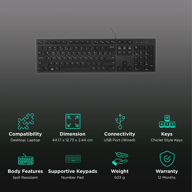 Dell KB216 Full - Size Wired Spill Resistance Keyboard with 3 Indicator Lights - SWIFT PERIPHERALSKB216-BLK