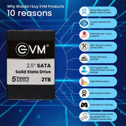 2.5 inch SATA 2TB internal SSD with 5 years warranty, EVM product features highlighted