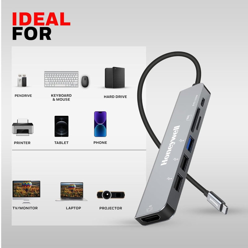 HONEYWELL NEWLY LAUNCHED 7 - IN - 1 TYPEC DOCKING STATION WITH 4K HDMI,1XUSB 3.0,2XUSB 2.0 & TYPEC 3.0 PD CHARGING 100W PORT, SD & MICRO SD SLOT, FOR ALL TYPE C DEVICES - MACBOOK LAPTOP, PC, THUNDERBOLT 3 - SWIFT PERIPHERALS1087203