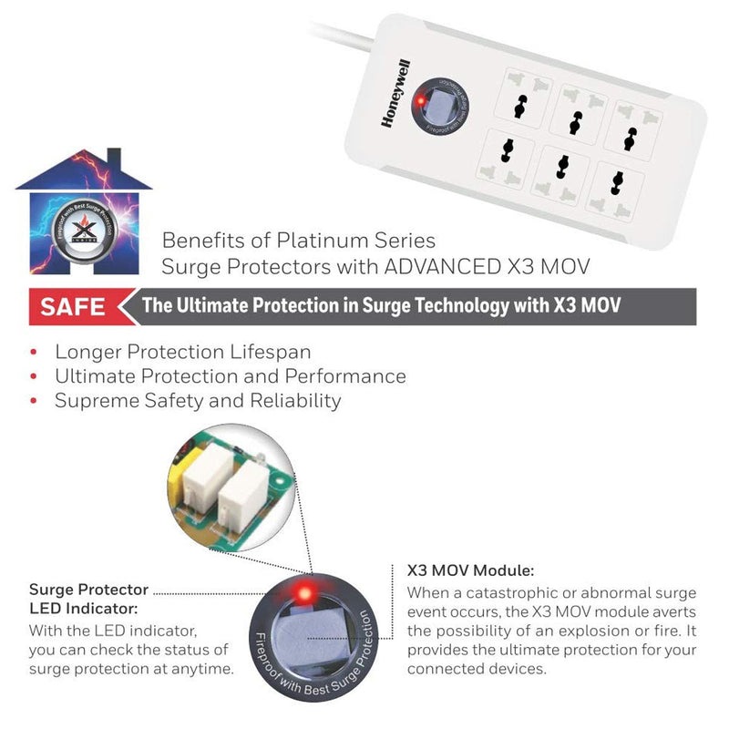 Honeywell Platinum Series 6 Output Surge Protector Extension Cable with Master Switch and LED Indicator - SWIFT PERIPHERALSHC000007-SRG-1.5M-WHT-6