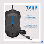 HP 100 Wired Optical Mouse with 1600DPI and Ambidextrous Design - SWIFT PERIPHERALS6VY96AA