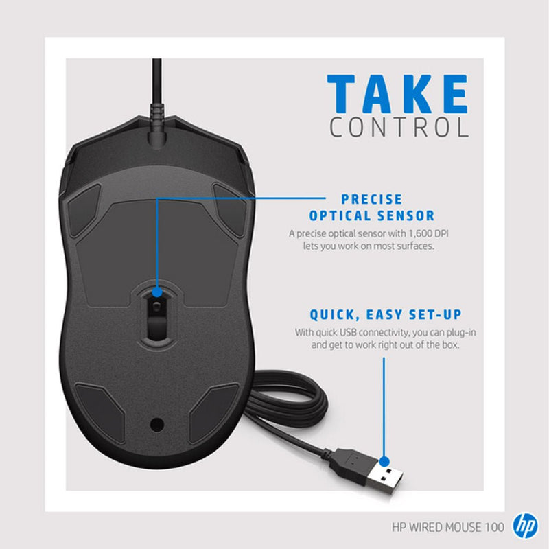 HP 100 Wired Optical Mouse with 1600DPI and Ambidextrous Design - SWIFT PERIPHERALS6VY96AA