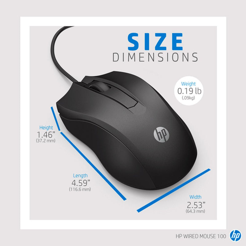 HP 100 Wired Optical Mouse with 1600DPI and Ambidextrous Design - SWIFT PERIPHERALS6VY96AA