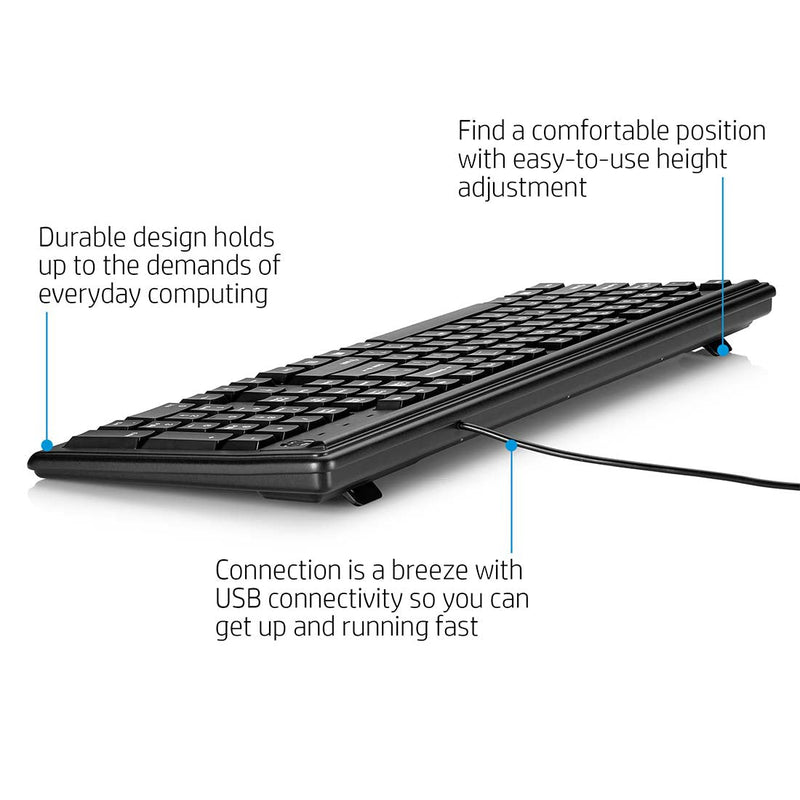 HP 100 Wired USB Desktop Keyboard with Height Adjustment - SWIFT PERIPHERALS2UN30AA