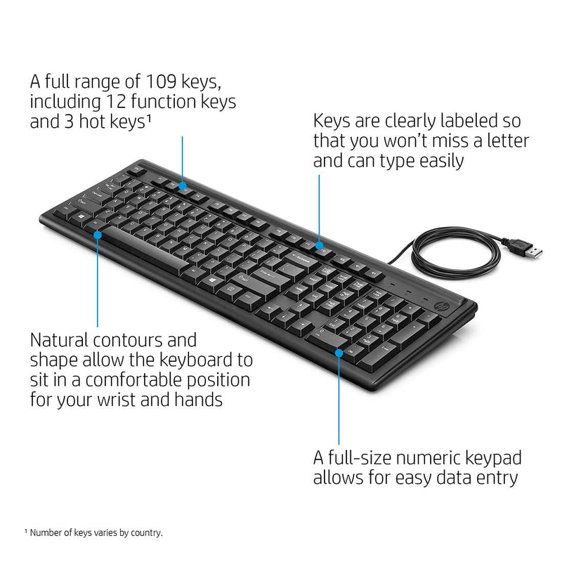 HP 100 Wired USB Desktop Keyboard with Height Adjustment - SWIFT PERIPHERALS2UN30AA